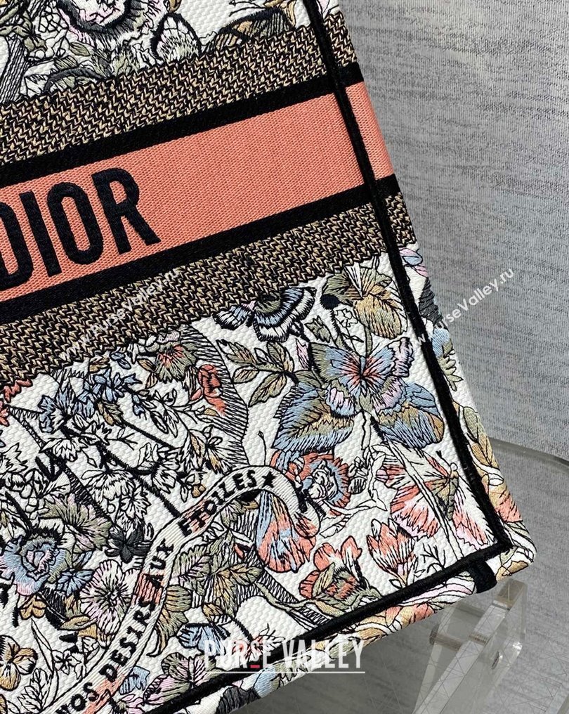 Dior Large Book Tote Bag in White and Pastel Pink Butterfly Around The World Embroidery (XXG-23112020)