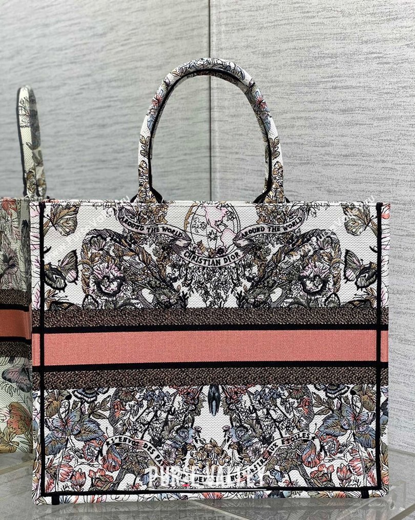 Dior Large Book Tote Bag in White and Pastel Pink Butterfly Around The World Embroidery (XXG-23112020)