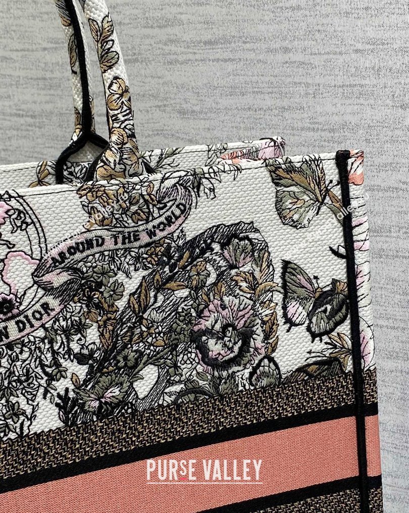 Dior Large Book Tote Bag in White and Pastel Pink Butterfly Around The World Embroidery (XXG-23112020)
