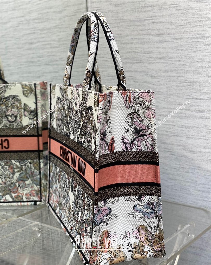 Dior Large Book Tote Bag in White and Pastel Pink Butterfly Around The World Embroidery (XXG-23112020)