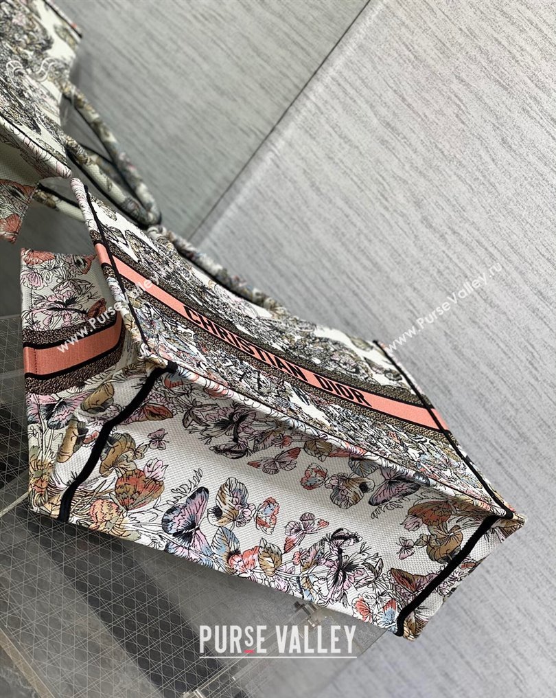 Dior Large Book Tote Bag in White and Pastel Pink Butterfly Around The World Embroidery (XXG-23112020)