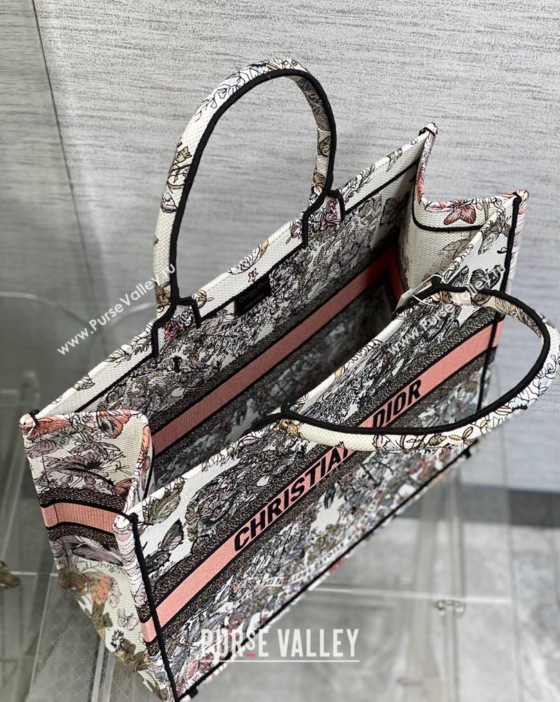 Dior Large Book Tote Bag in White and Pastel Pink Butterfly Around The World Embroidery (XXG-23112020)