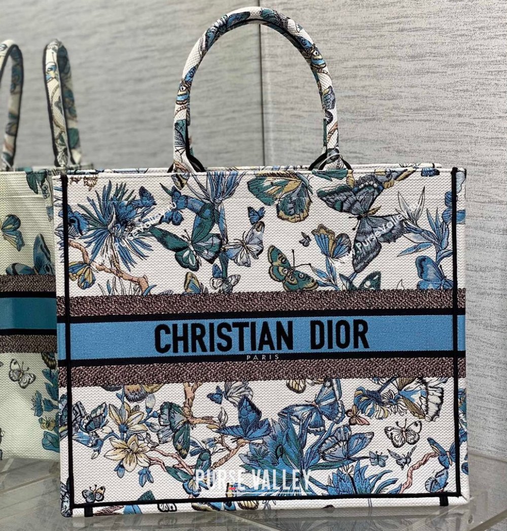 Dior Large Book Tote Bag in White and Pastel Midnight Blue Toile de Jouy Mexico Embroidery (XXG-23112015)