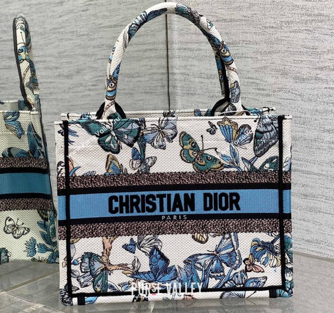 Dior Small Book Tote Bag in White and Pastel Midnight Blue Toile de Jouy Mexico Embroidery (XXG-23112017)