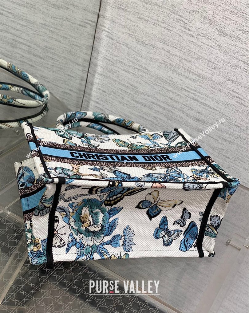 Dior Small Book Tote Bag in White and Pastel Midnight Blue Toile de Jouy Mexico Embroidery (XXG-23112017)