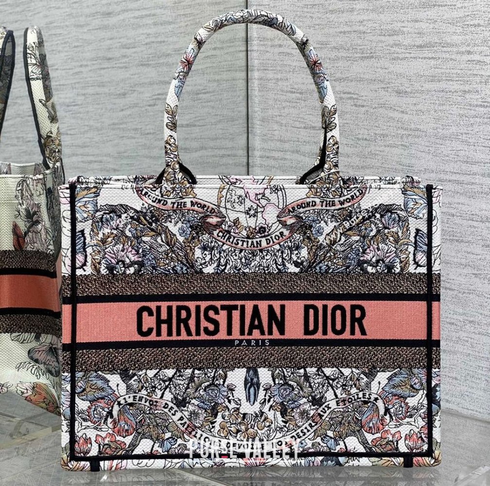Dior Medium Book Tote Bag in White and Pastel Pink Butterfly Around The World Embroidery (XXG-23112021)