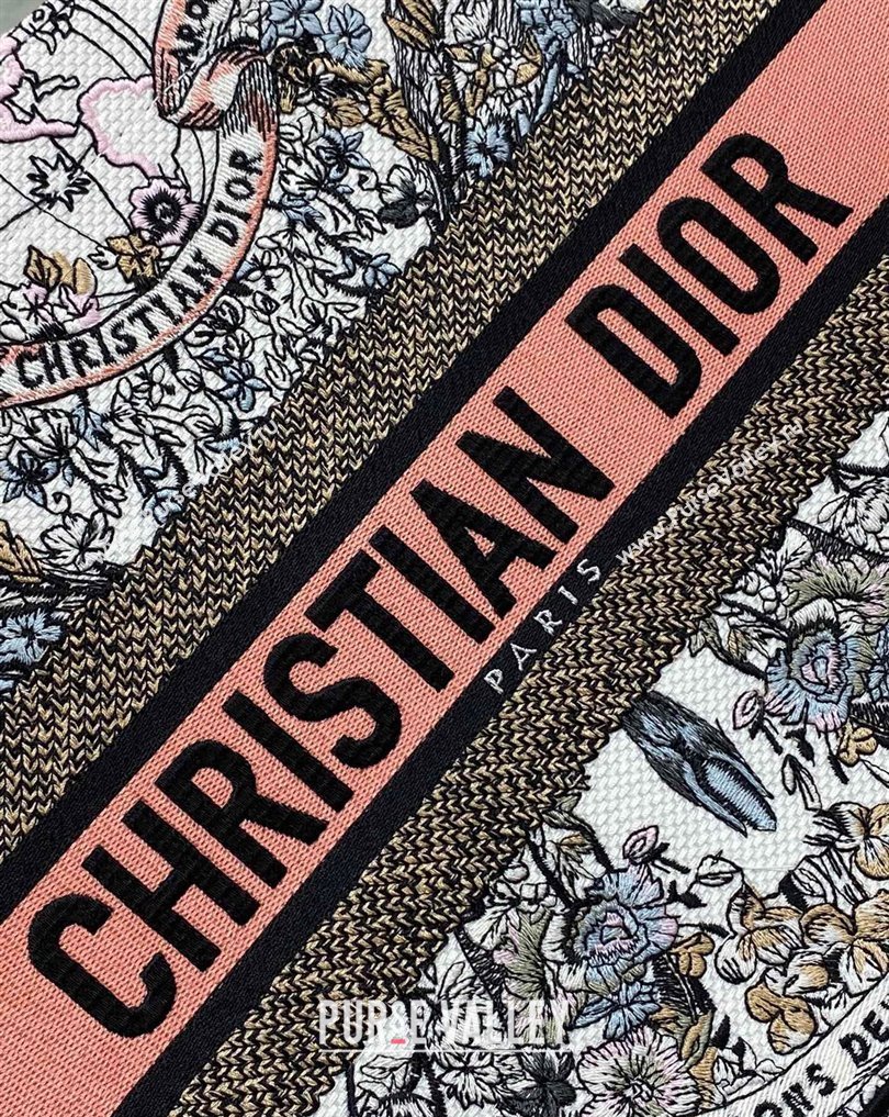 Dior Medium Book Tote Bag in White and Pastel Pink Butterfly Around The World Embroidery (XXG-23112021)