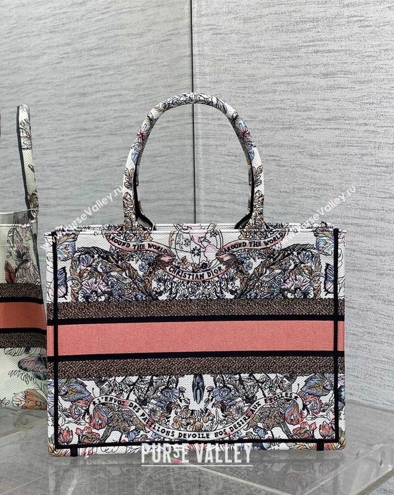 Dior Medium Book Tote Bag in White and Pastel Pink Butterfly Around The World Embroidery (XXG-23112021)