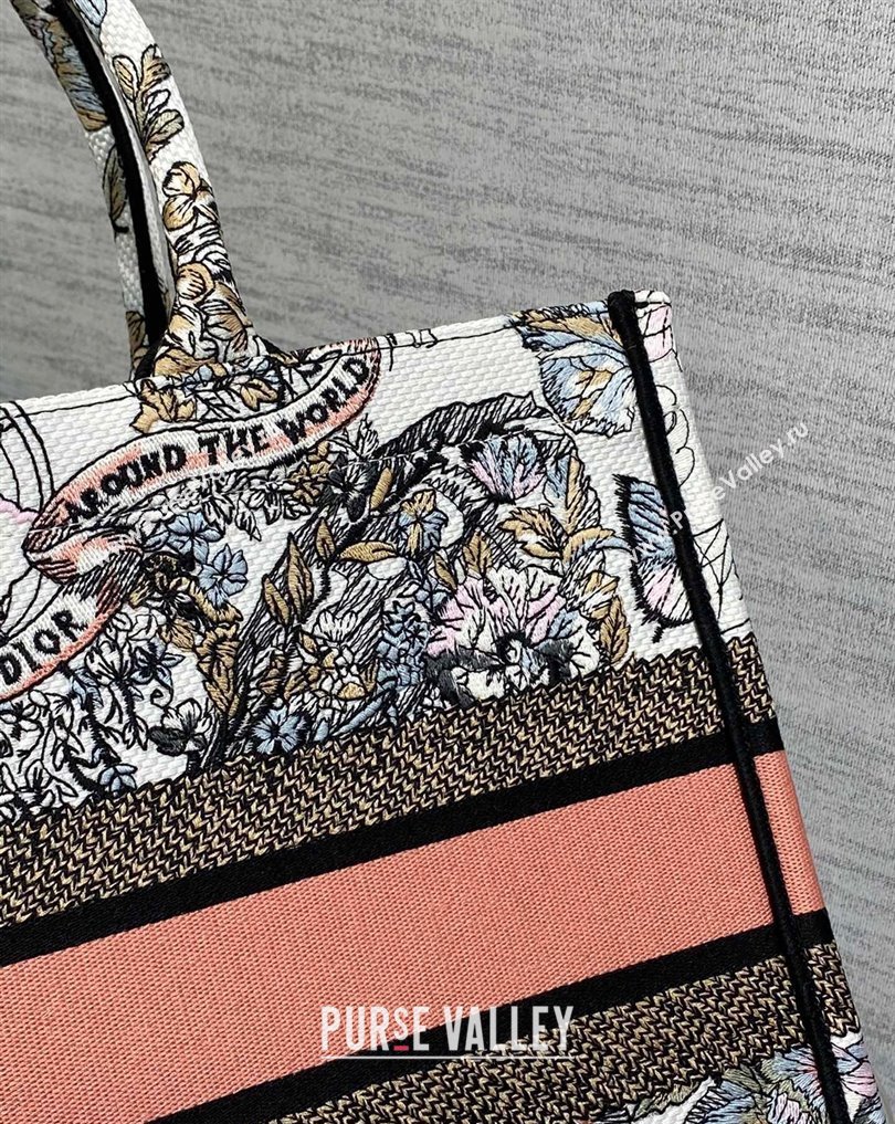 Dior Medium Book Tote Bag in White and Pastel Pink Butterfly Around The World Embroidery (XXG-23112021)