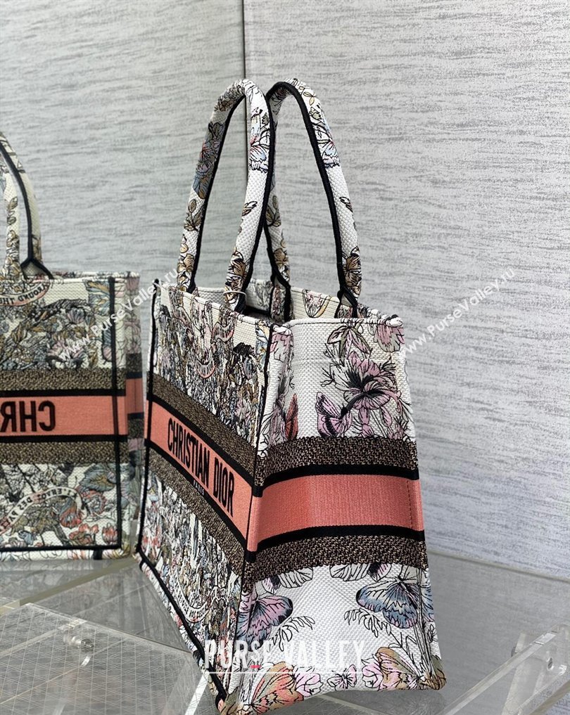 Dior Medium Book Tote Bag in White and Pastel Pink Butterfly Around The World Embroidery (XXG-23112021)