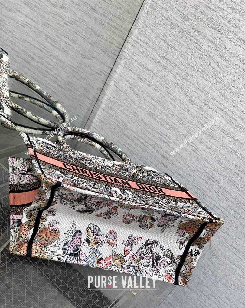 Dior Medium Book Tote Bag in White and Pastel Pink Butterfly Around The World Embroidery (XXG-23112021)