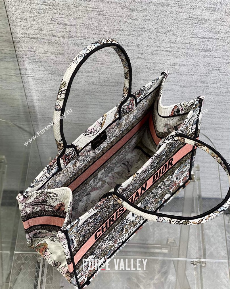 Dior Medium Book Tote Bag in White and Pastel Pink Butterfly Around The World Embroidery (XXG-23112021)