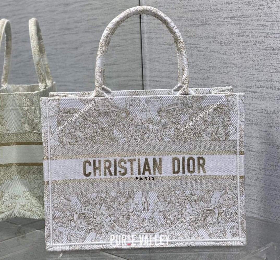Dior Medium Book Tote Bag in Gold-tone and White Butterfly Around The World Embroidery (XXG-23112025)