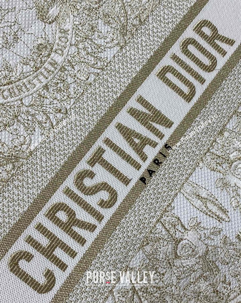 Dior Medium Book Tote Bag in Gold-tone and White Butterfly Around The World Embroidery (XXG-23112025)
