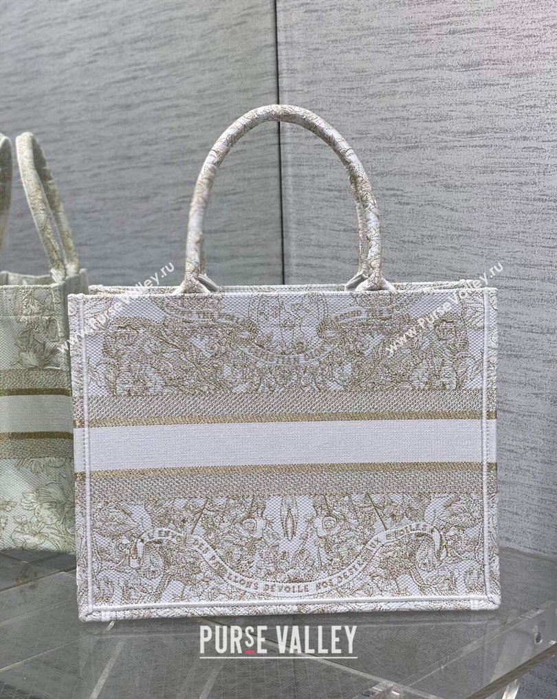 Dior Medium Book Tote Bag in Gold-tone and White Butterfly Around The World Embroidery (XXG-23112025)