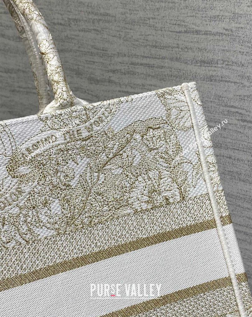 Dior Medium Book Tote Bag in Gold-tone and White Butterfly Around The World Embroidery (XXG-23112025)