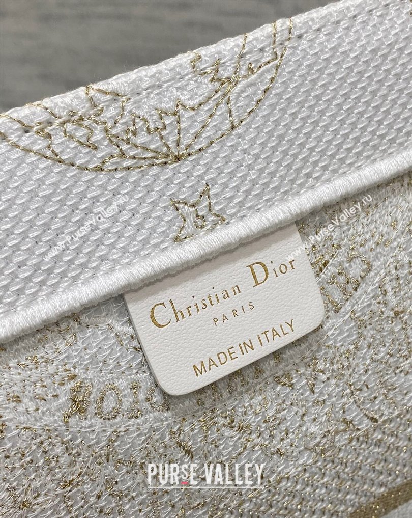 Dior Medium Book Tote Bag in Gold-tone and White Butterfly Around The World Embroidery (XXG-23112025)