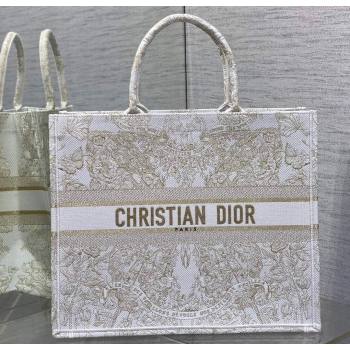Dior Large Book Tote Bag in Gold-tone and White Butterfly Around The World Embroidery (XXG-23112024)