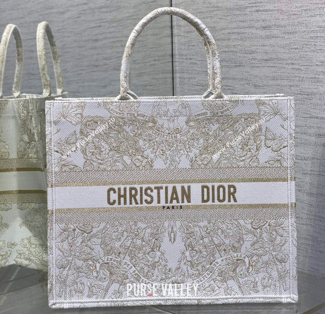 Dior Large Book Tote Bag in Gold-tone and White Butterfly Around The World Embroidery (XXG-23112024)