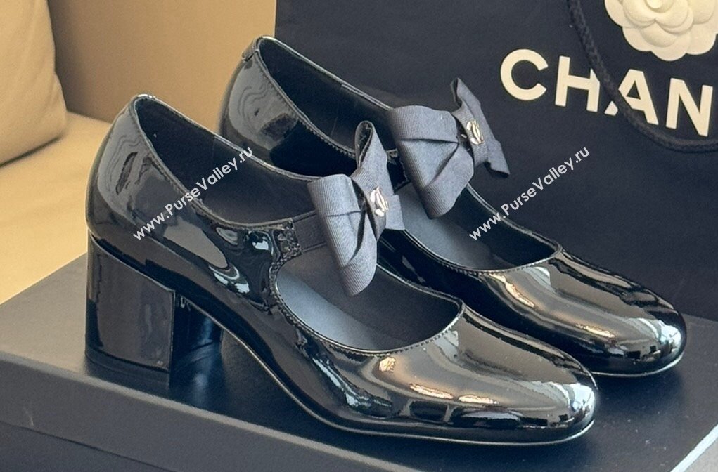 Chanel Patent Calfskin Grosgrain Bow Mary Janes G45356 Black 2024 (kaola-23112319)