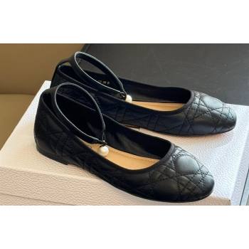 Dior Ballet Flats with Ankle strap and Pearl in Black Quilted Cannage Calfskin 2024 (kaola-23112321)