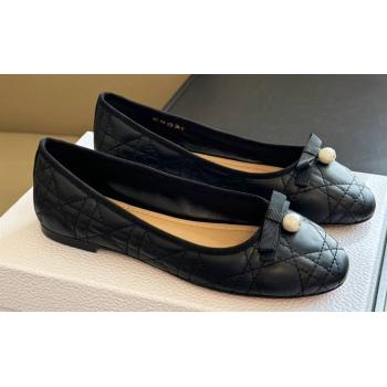 Dior Ballet Flats with Grosgrain bow and Pearl in Black Quilted Cannage Calfskin 2024 (kaola-23112323)