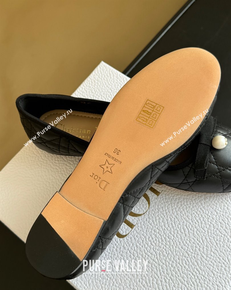 Dior Ballet Flats with Grosgrain bow and Pearl in Black Quilted Cannage Calfskin 2024 (kaola-23112323)