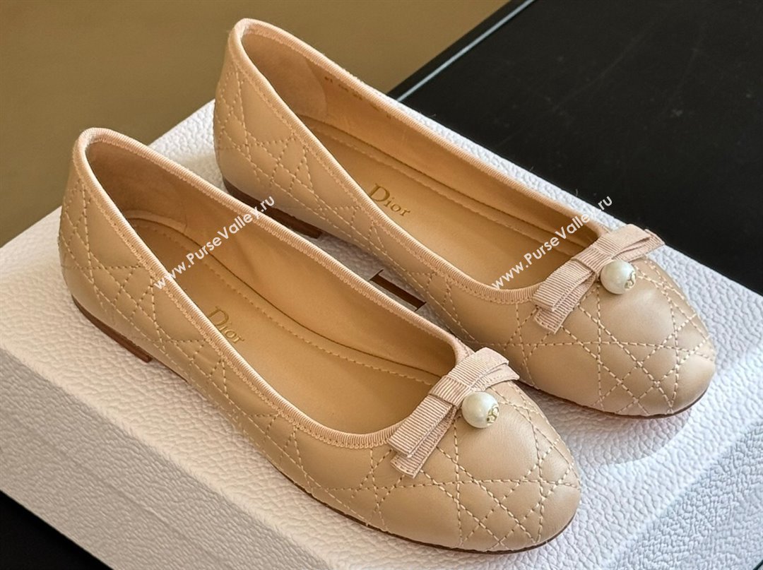Dior Ballet Flats with Grosgrain bow and Pearl in Nude Quilted Cannage Calfskin 2024 (kaola-23112324)