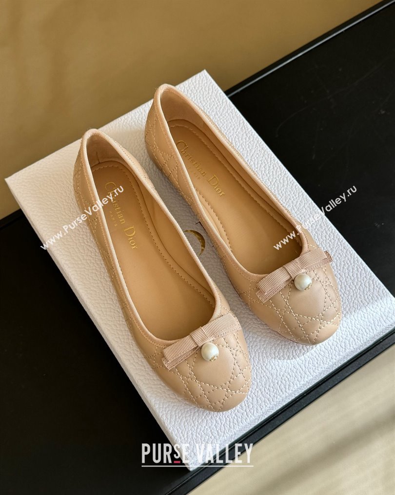 Dior Ballet Flats with Grosgrain bow and Pearl in Nude Quilted Cannage Calfskin 2024 (kaola-23112324)