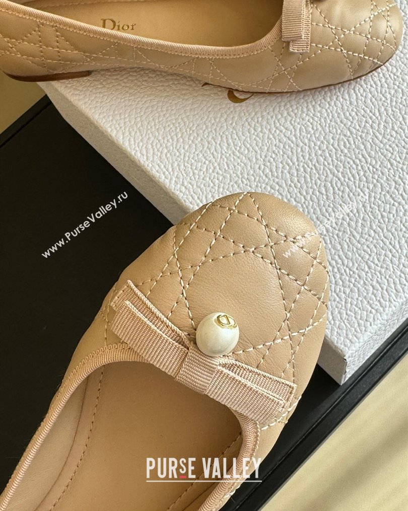 Dior Ballet Flats with Grosgrain bow and Pearl in Nude Quilted Cannage Calfskin 2024 (kaola-23112324)