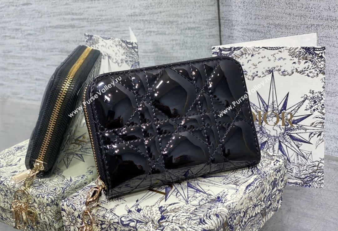 Lady Dior Voyageur Small Coin Purse in Black Patent Cannage Calfskin 2024 (XXG-23112515)