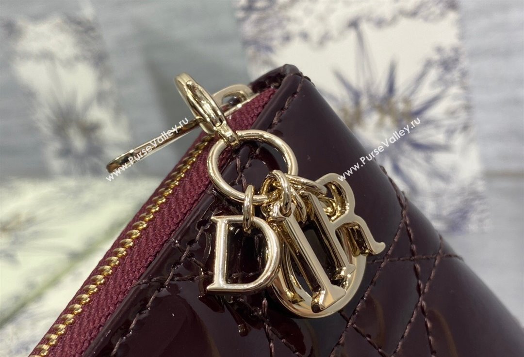 Lady Dior Voyageur Small Coin Purse in Burgundy Patent Cannage Calfskin 2024 (XXG-23112517)