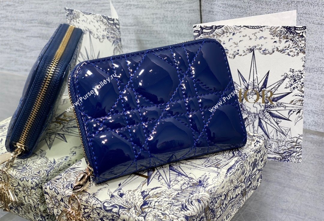Lady Dior Voyageur Small Coin Purse in Blue Patent Cannage Calfskin 2024 (XXG-23112516)