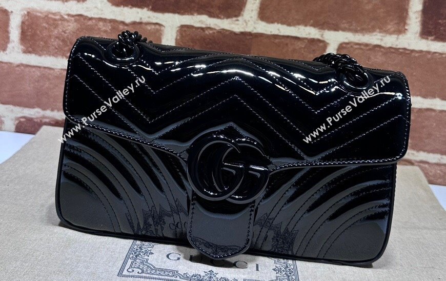 Gucci GG Marmont patent Small shoulder bag 443497 Black 2024 (dlh-23112319)