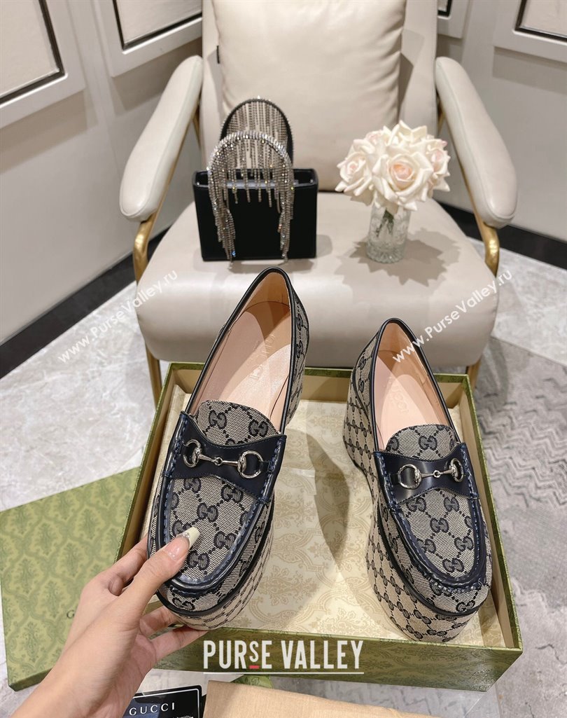 Gucci Horsebit Platform Loafers GG Canvas Beige/Blue Spring 2024 (modeng-23112728)