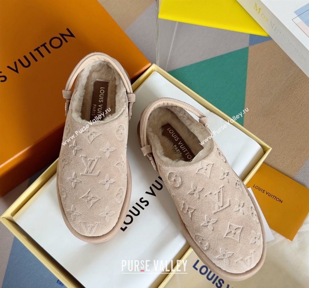Louis Vuitton Heel 4cm Aspen Platform Clogs in Monogram-debossed suede calf leather and shearling Beige 2024 (danni-23112705)