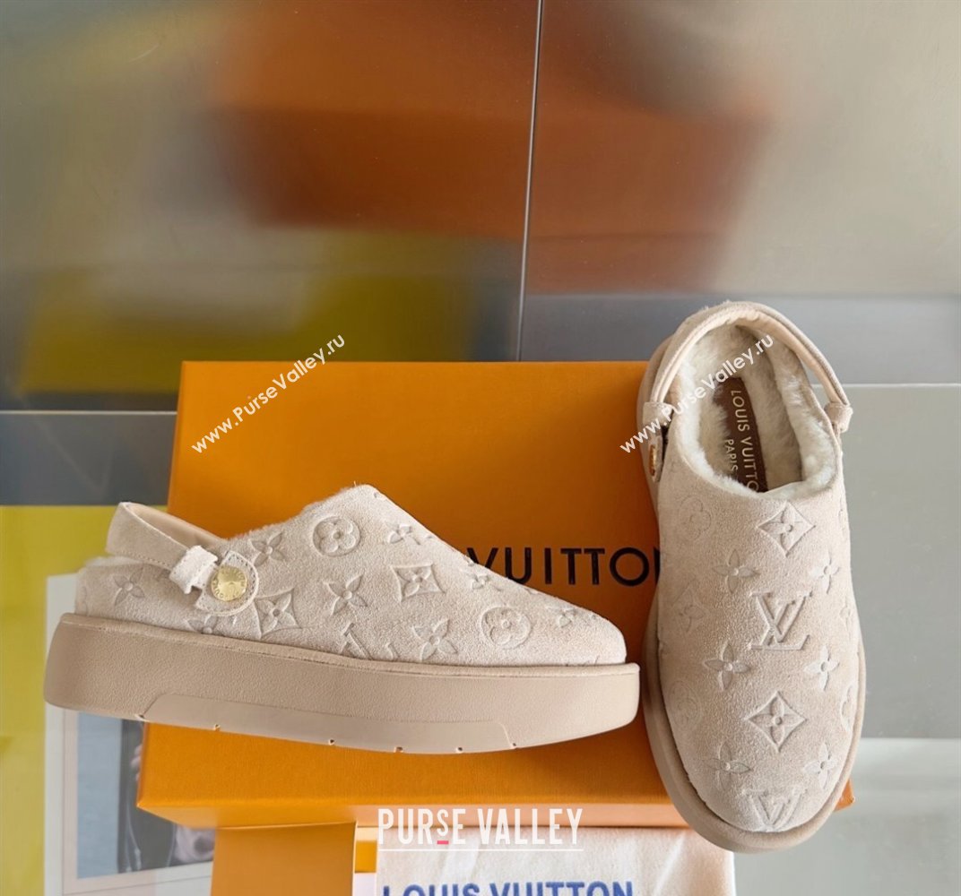 Louis Vuitton Heel 4cm Aspen Platform Clogs in Monogram-debossed suede calf leather and shearling Beige 2024 (danni-23112705)
