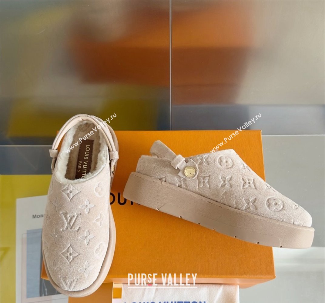 Louis Vuitton Heel 4cm Aspen Platform Clogs in Monogram-debossed suede calf leather and shearling Beige 2024 (danni-23112705)