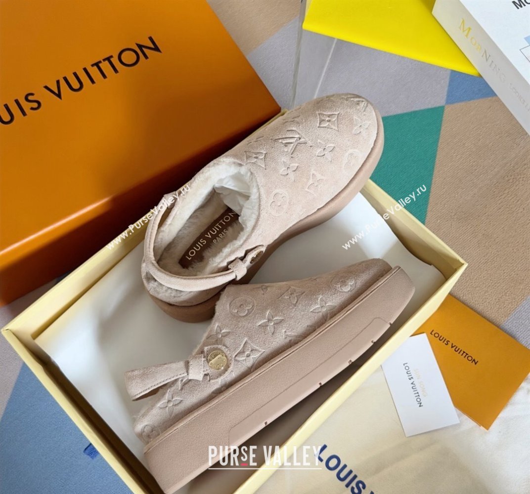 Louis Vuitton Heel 4cm Aspen Platform Clogs in Monogram-debossed suede calf leather and shearling Beige 2024 (danni-23112705)