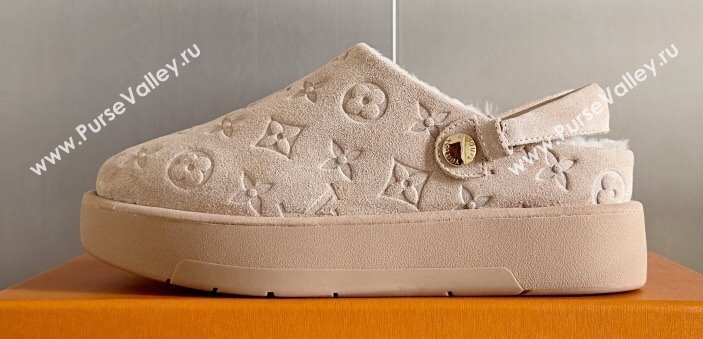 Louis Vuitton Heel 4cm Aspen Platform Clogs in Monogram-debossed suede calf leather and shearling Beige 2024 (danni-23112705)