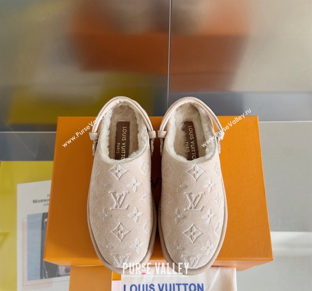 Louis Vuitton Heel 4cm Aspen Platform Clogs in Monogram-debossed suede calf leather and shearling Beige 2024 (danni-23112705)