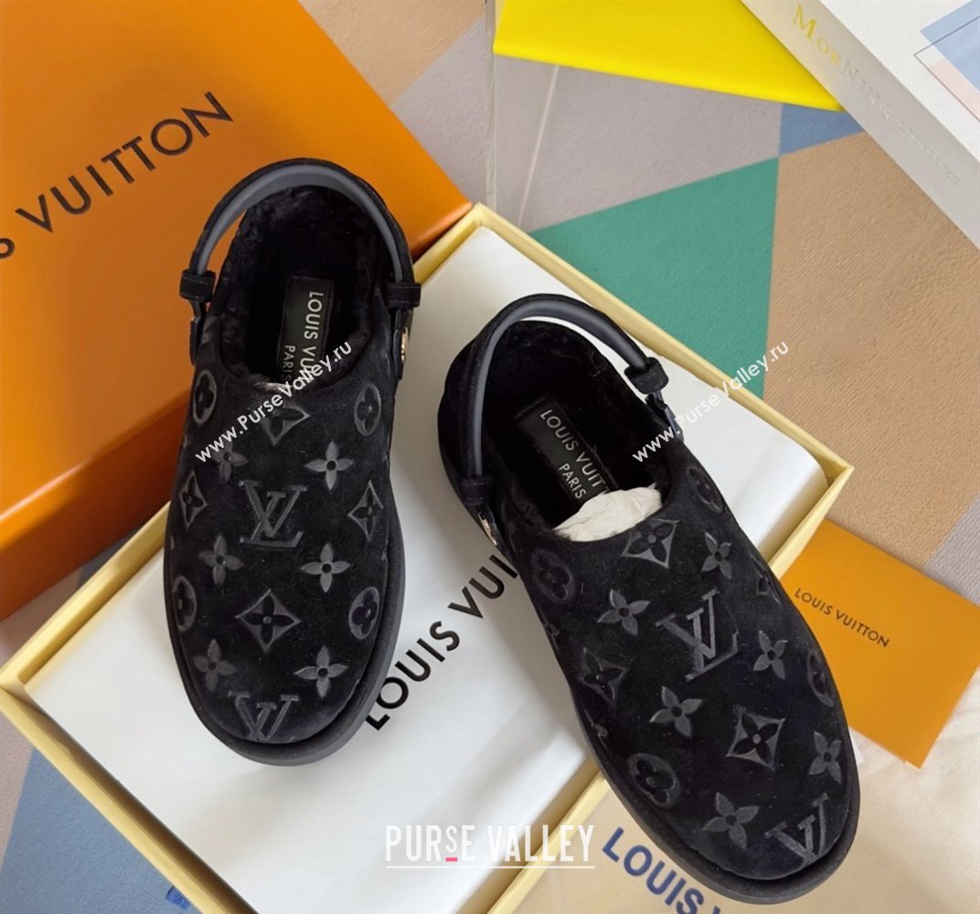 Louis Vuitton Heel 4cm Aspen Platform Clogs in Monogram-debossed suede calf leather and shearling Black 2024 (danni-23112704)