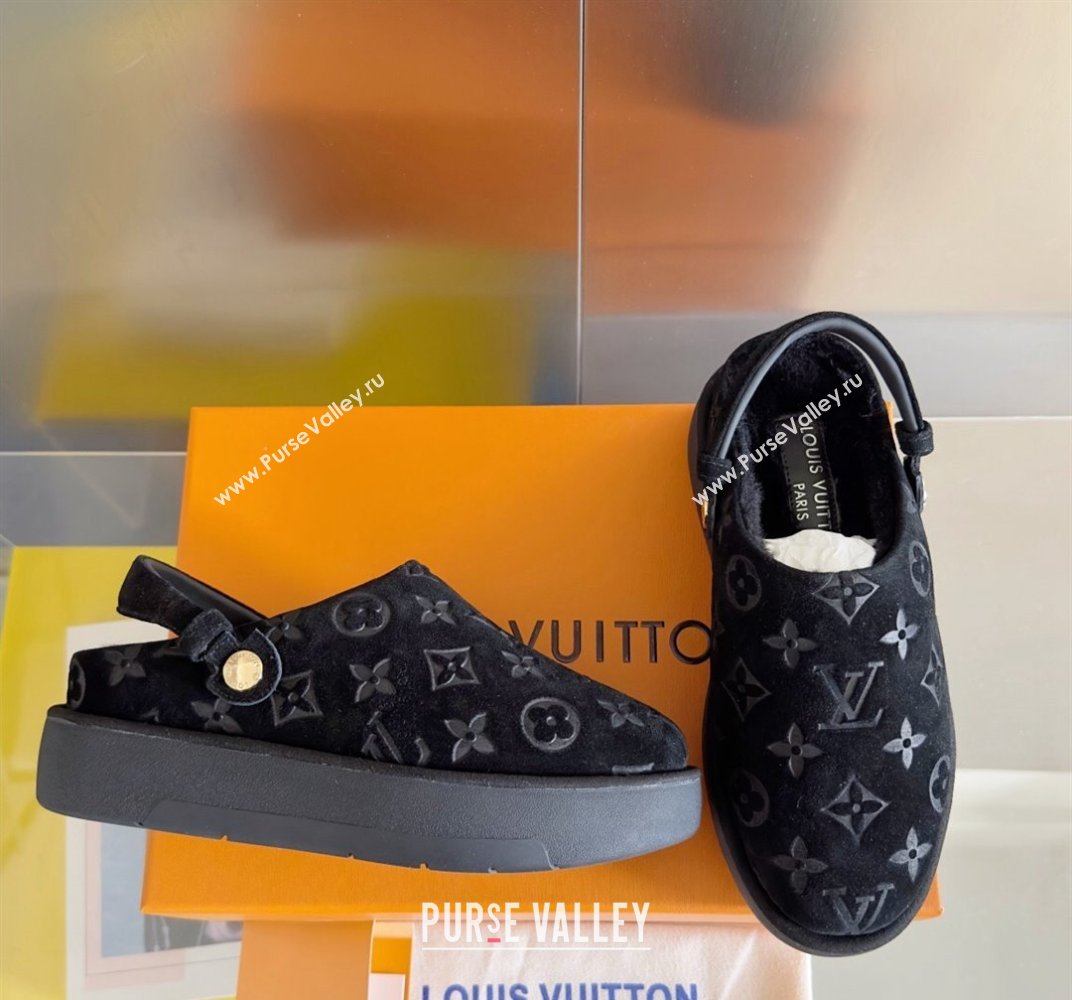 Louis Vuitton Heel 4cm Aspen Platform Clogs in Monogram-debossed suede calf leather and shearling Black 2024 (danni-23112704)