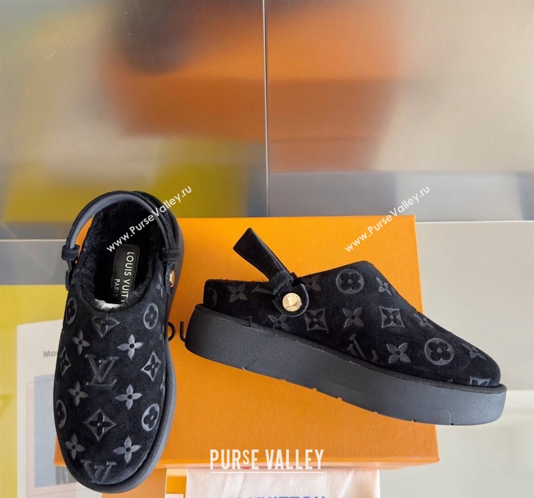 Louis Vuitton Heel 4cm Aspen Platform Clogs in Monogram-debossed suede calf leather and shearling Black 2024 (danni-23112704)