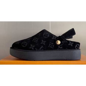 Louis Vuitton Heel 4cm Aspen Platform Clogs in Monogram-debossed suede calf leather and shearling Black 2024 (danni-23112704)