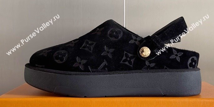 Louis Vuitton Heel 4cm Aspen Platform Clogs in Monogram-debossed suede calf leather and shearling Black 2024 (danni-23112704)
