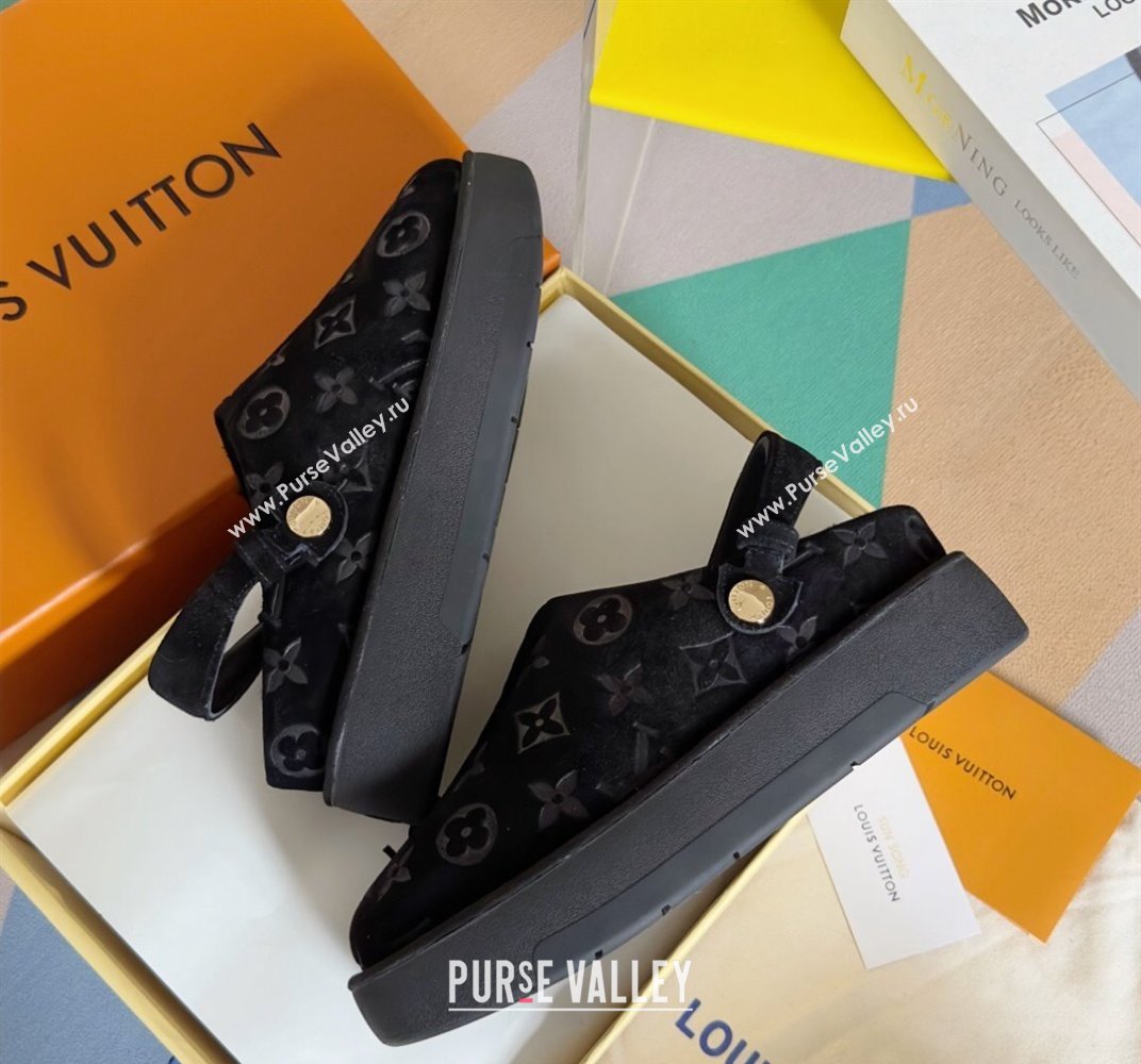 Louis Vuitton Heel 4cm Aspen Platform Clogs in Monogram-debossed suede calf leather and shearling Black 2024 (danni-23112704)