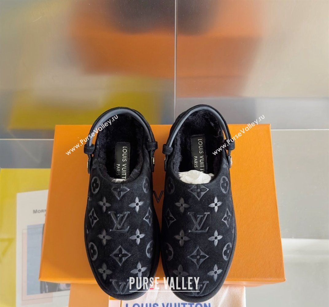 Louis Vuitton Heel 4cm Aspen Platform Clogs in Monogram-debossed suede calf leather and shearling Black 2024 (danni-23112704)
