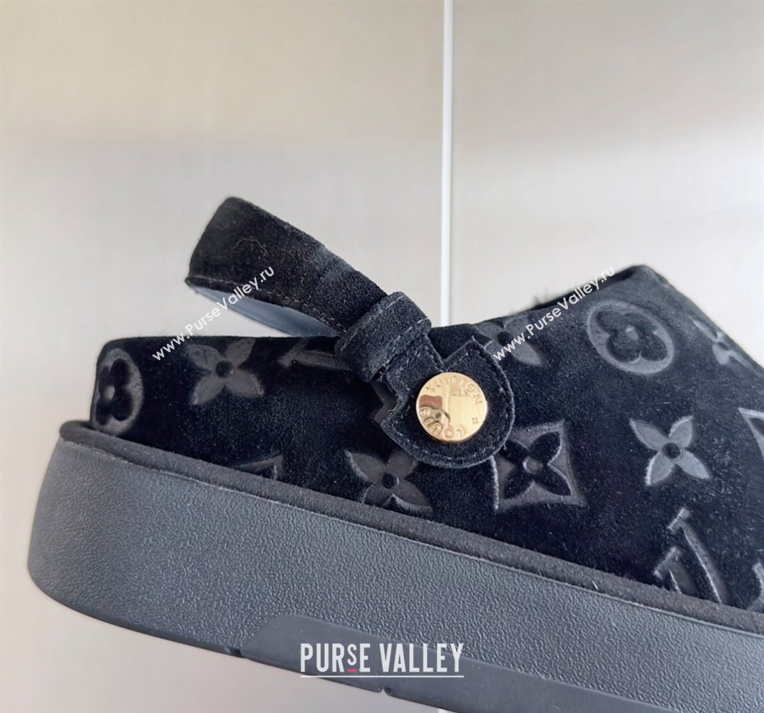 Louis Vuitton Heel 4cm Aspen Platform Clogs in Monogram-debossed suede calf leather and shearling Black 2024 (danni-23112704)