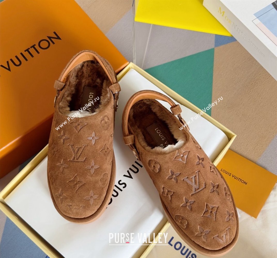 Louis Vuitton Heel 4cm Aspen Platform Clogs in Monogram-debossed suede calf leather and shearling Brown 2024 (danni-23112706)